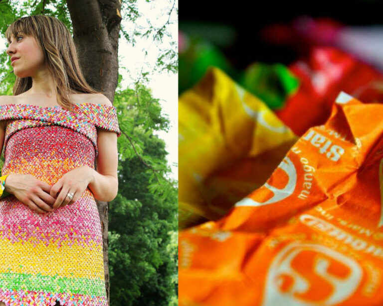 4 Yıl Boyunca Biriktirdiği Şekerleme Kağıtlarıyla Kendisine Çılgın Bir Elbise Yapan Kadın
